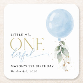 Posavasos Cuadrado De Papel Globo azul, eucalipto, vegetación, primer cumpleañ