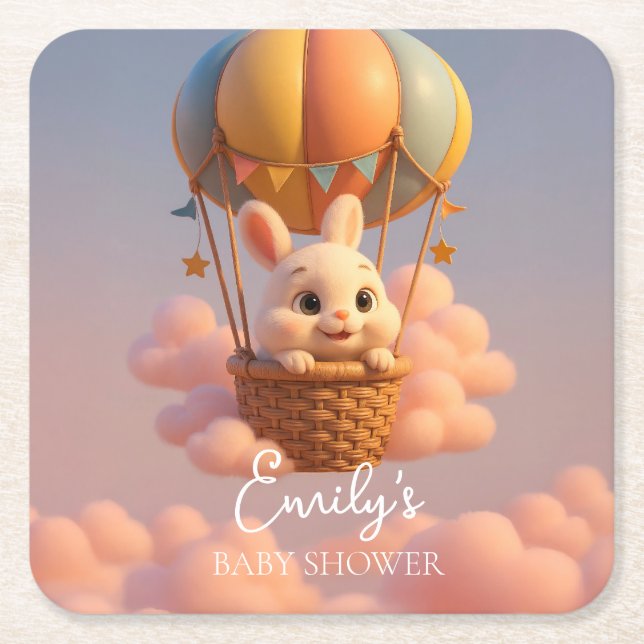 Posavasos Cuadrado De Papel Globo de aire caliente conejo con nubes rosadas (Anverso)