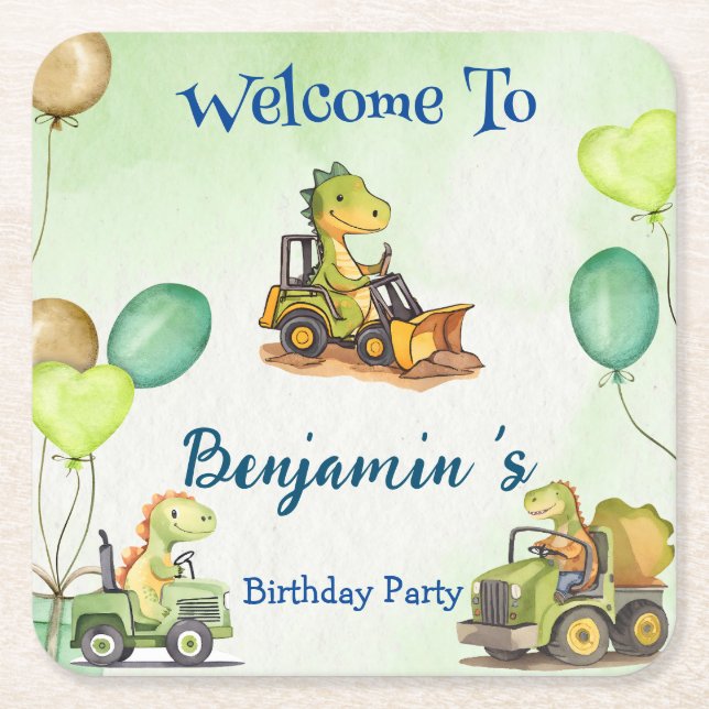 Posavasos Cuadrado De Papel Globo de camión de construcción de dinosaurios Cub (Anverso)