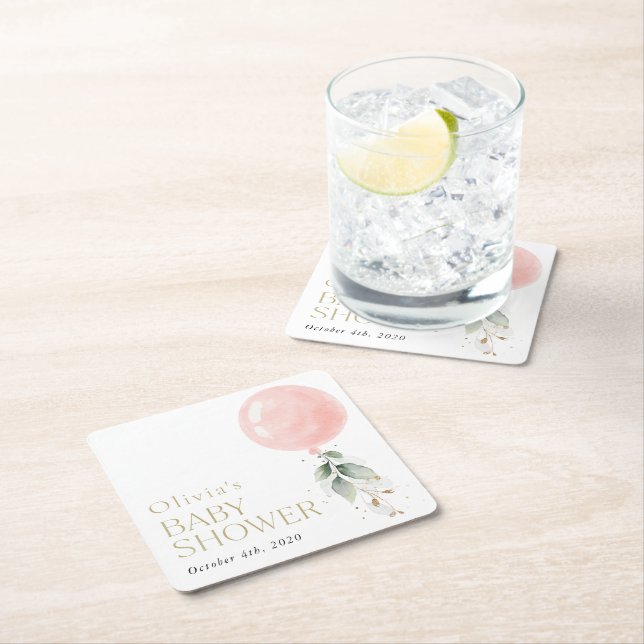 Posavasos Cuadrado De Papel Globo rosa, eucalipto, vegetación, Baby Shower (In situ)