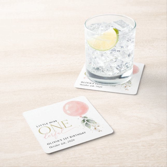 Posavasos Cuadrado De Papel Globo rosa, eucalipto, vegetación, primer cumpleañ (In situ)