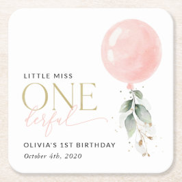 Posavasos Cuadrado De Papel Globo rosa, eucalipto, vegetación, primer cumpleañ