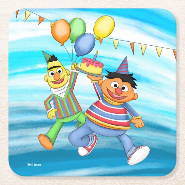 Posavasos Cuadrado De Papel Globos de Bert y Ernie Birthday (Anverso)