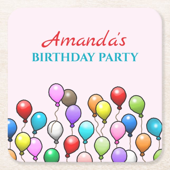 Posavasos Cuadrado De Papel Globos de cumpleaños (Anverso)