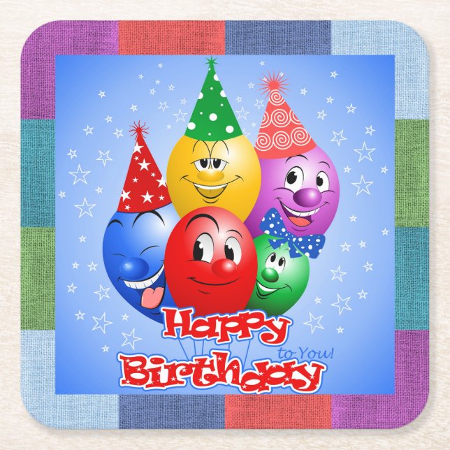 Posavasos Cuadrado De Papel Globos de cumpleaños alegres (Anverso)