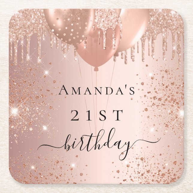 Posavasos Cuadrado De Papel Globos de purpurina de oro rosa de cumpleaños glam (Anverso)
