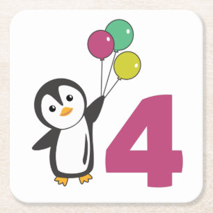 Posavasos Cuadrado De Papel Globos Penguin Cuarto Cumpleaños Para Niños Plaza 
