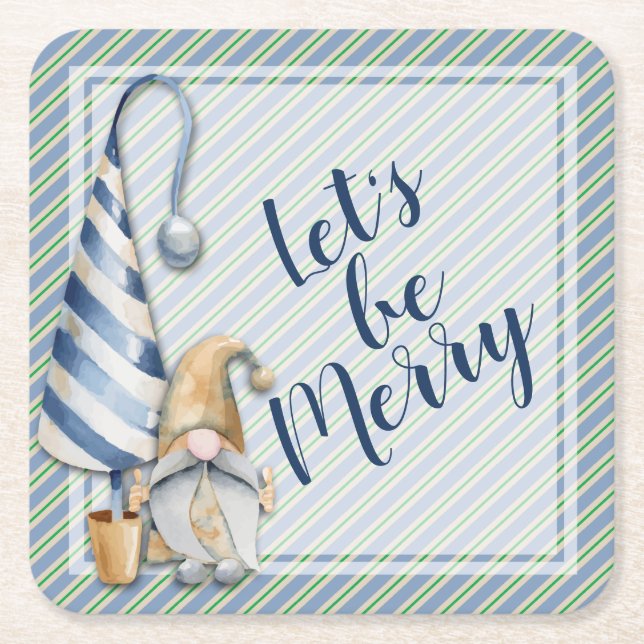 Posavasos Cuadrado De Papel Gnome de navidades en vacaciones en franjas azules (Anverso)