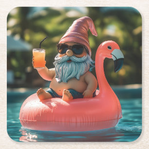 Posavasos Cuadrado De Papel Gnome de verano en gafas de sol en el suelo de fla