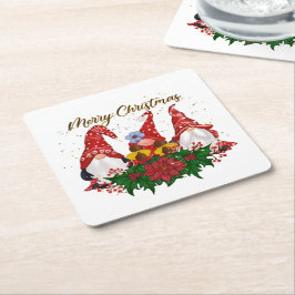 Posavasos Cuadrado De Papel Gnomos de Navidad Poinsettia Bosque Caprichoso