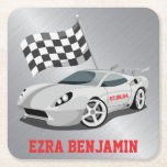 Posavasos Cuadrado De Papel Go-Kart Race Car Carreras Bar Mitzvah<br><div class="desc">Go-kart o carreras de autos con la temática de la montaña de papel Bar Mitzvah. Esta montaña de papel estilo Bar Mitzvah es elegante y moderna. Esta montaña de papel de la carrera de autos Bar Mitzvah cuenta con un auto de carreras grises, bandera de cuadros negros y blancos. Los...</div>