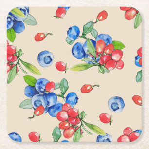 Posavasos Cuadrado De Papel Goji, arándano azul: patrón de ilustracion acuátic
