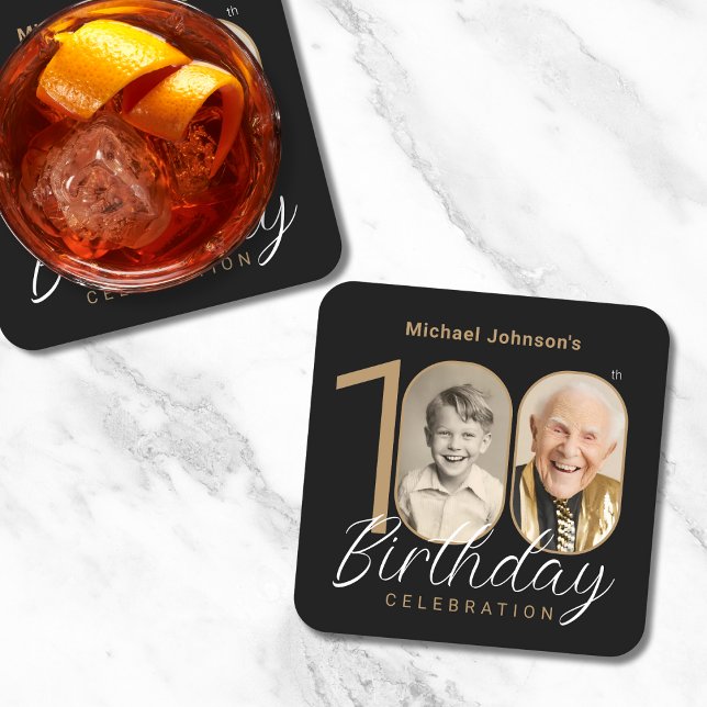 Posavasos Cuadrado De Papel Gold Black Elegant Photo 100th Birthday Party (Mockup View)