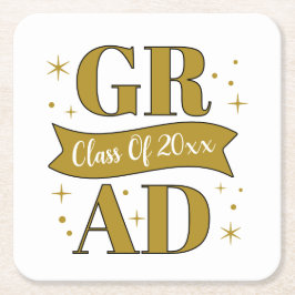 Posavasos Cuadrado De Papel Gold & White Graduation Party