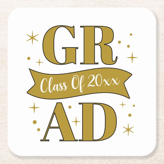 Posavasos Cuadrado De Papel Gold & White Graduation Party (Anverso)