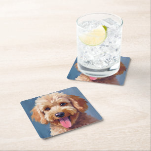 Posavasos Cuadrado De Papel Golden Doodle   Pintura en Acuarela de Mascota Per