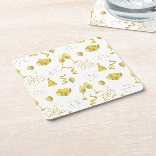 Posavasos Cuadrado De Papel Golden Happy New Year Pattern (En perspectiva)