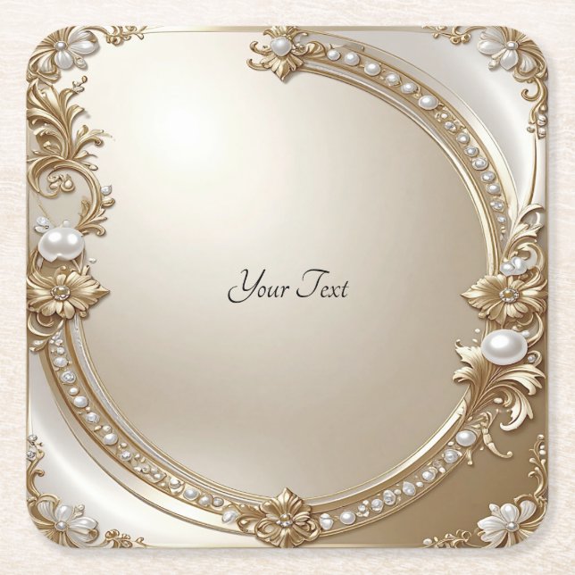 Posavasos Cuadrado De Papel Golden Ornate Frame with Pearls Paper Coaster (Anverso)