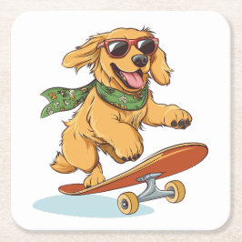 Posavasos Cuadrado De Papel Golden Retriever Dog Skateboarding