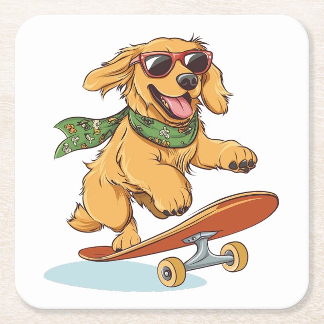 Posavasos Cuadrado De Papel Golden Retriever Dog Skateboarding (Anverso)
