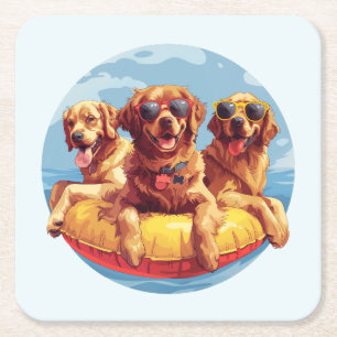 Posavasos Cuadrado De Papel Golden Retriever Dogs Summer Pool Floats