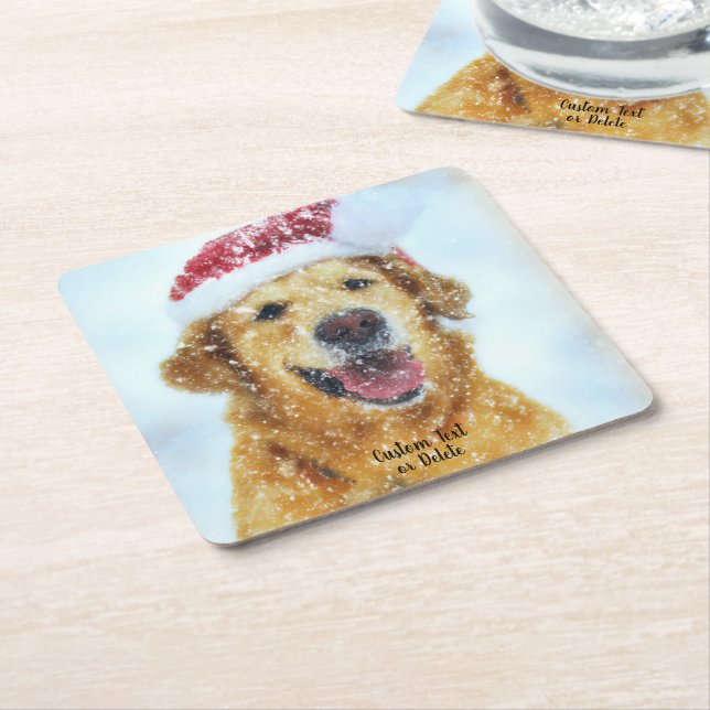 Posavasos Cuadrado De Papel Golden Retriever, Navidades Santa hat Personalizad (En perspectiva)
