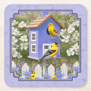 Posavasos Cuadrado De Papel Goldfinches & Cute Aves Lavanda