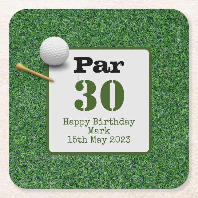 Posavasos Cuadrado De Papel Golf 30 cumpleaños con bola de golf sobre césped v (Anverso)