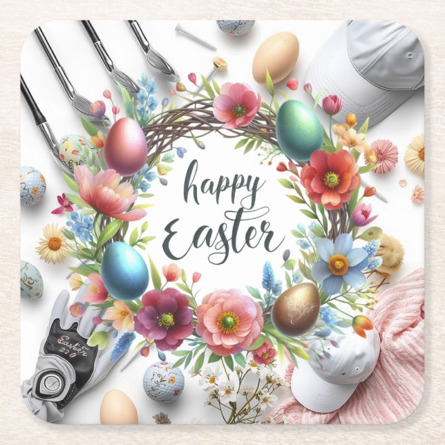 Posavasos Cuadrado De Papel Golf Easter eggs balls and flower and equipment (Anverso)