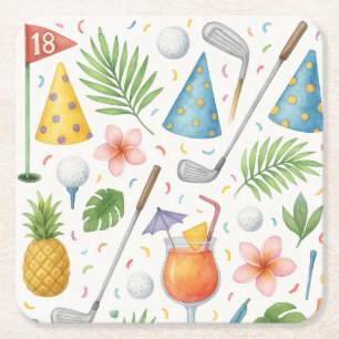 Posavasos Cuadrado De Papel Golf Hawaii con temática de Fiesta hawaiano de gol