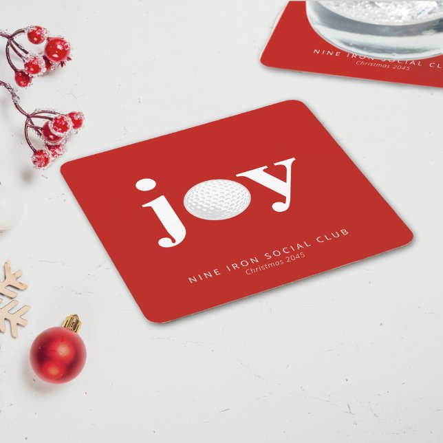 Posavasos Cuadrado De Papel Golf Holiday Joy Personalized Typography Red (Modern, festive, and ready for every round of holiday cheer.)