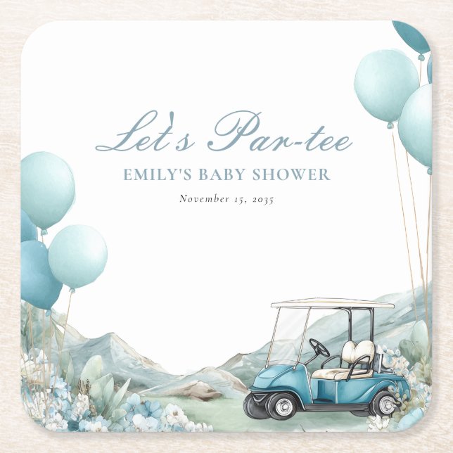 Posavasos Cuadrado De Papel Golf Let's Par-tee Blue Baby Shower (Anverso)
