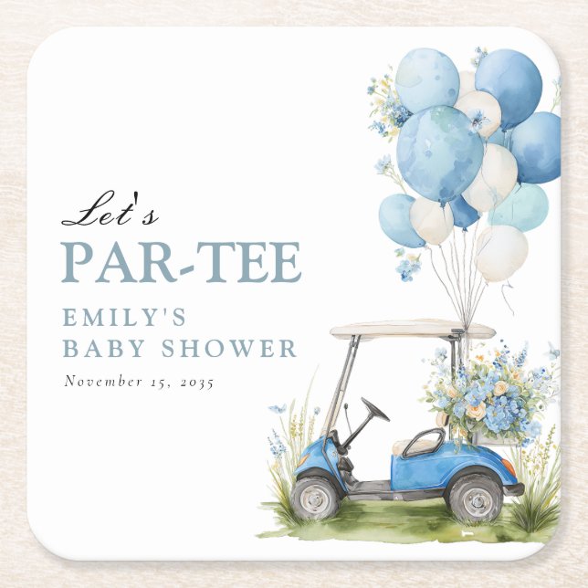 Posavasos Cuadrado De Papel Golf Let's Par-tee Boy Baby Shower (Anverso)