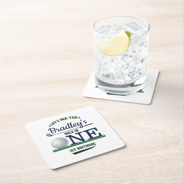 Posavasos Cuadrado De Papel Golf PAR-TEE Primer cumpleaños (In situ)