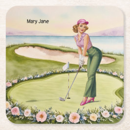 Posavasos Cuadrado De Papel Golf  Retro Golf Chic: Woman Golfer at the Green