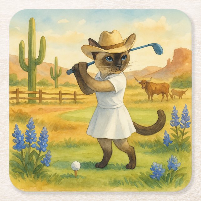 Posavasos Cuadrado De Papel Golf Texas Birthday Themed for Cat Lovers  (Anverso)