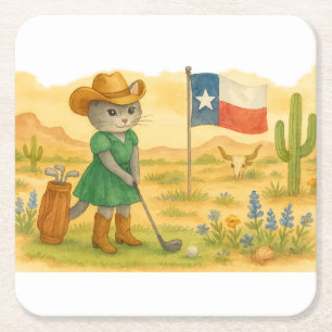 Posavasos Cuadrado De Papel Golf Texas Temático para Amantes de Gatos