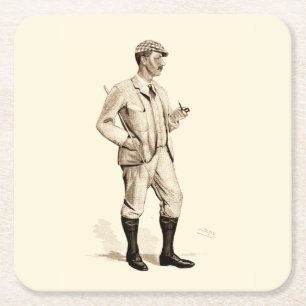 Posavasos Cuadrado De Papel Golfer de época con tubería de tabaco y botas