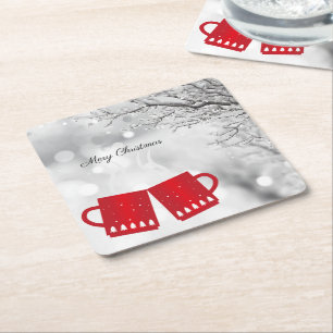 Posavasos Cuadrado De Papel Gorgoso, Navidades rojos en una copa de té en el d