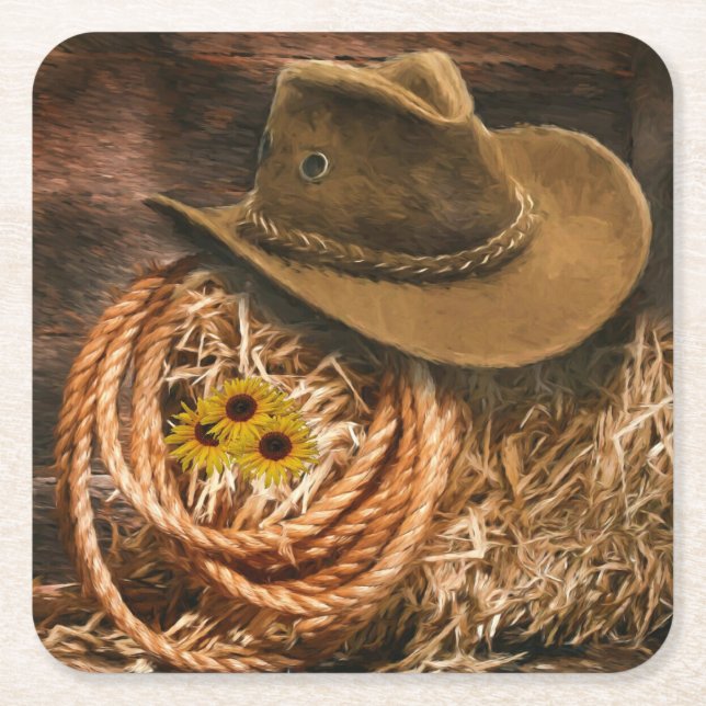 Posavasos Cuadrado De Papel Gorra Cowboy (Anverso)