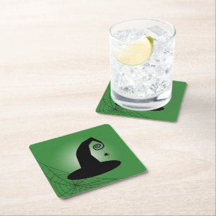 Posavasos Cuadrado De Papel Gorra de bruja con tiras de papel verde Spiderweb