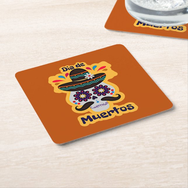 Posavasos Cuadrado De Papel Gorra de cráneo muerto Flores familia niños (En perspectiva)