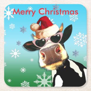 Posavasos Cuadrado De Papel Gorra de Santa de la vaca del navidad de