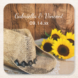 Posavasos Cuadrado De Papel Gorra Vaquero, girasoles, Boda occidental de Barn 