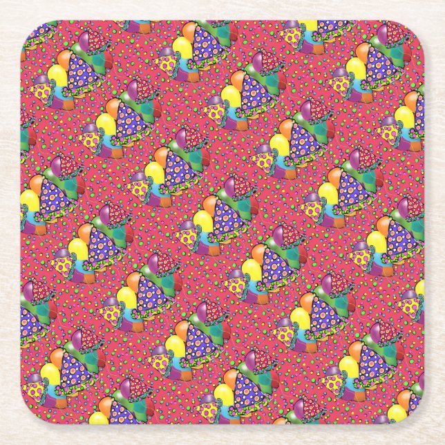 Posavasos Cuadrado De Papel Gorras de Birthay Fiesta (Anverso)