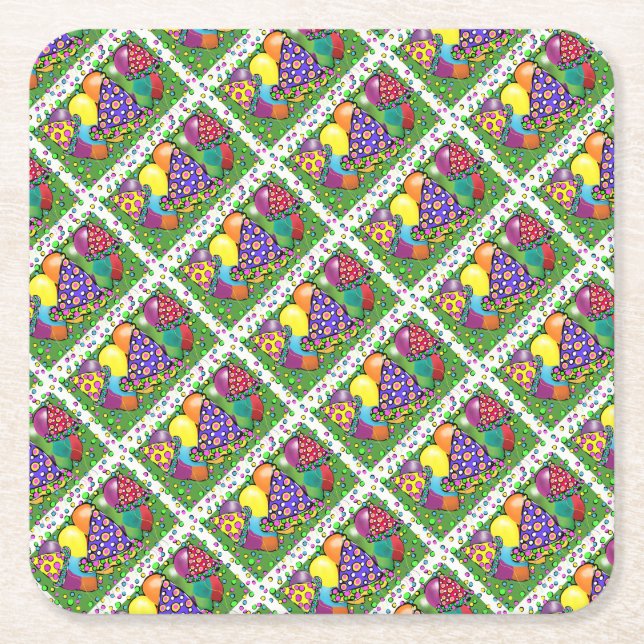 Posavasos Cuadrado De Papel Gorras de Birthay Fiesta (Anverso)