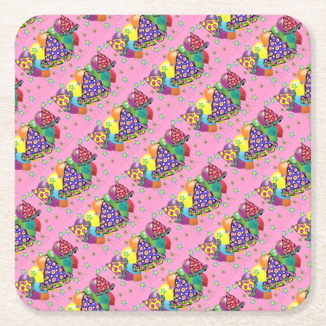 Posavasos Cuadrado De Papel Gorras de Birthay Fiesta (Anverso)