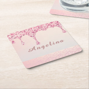 Posavasos Cuadrado De Papel Goteo de brillo glamuroso rosa elegante