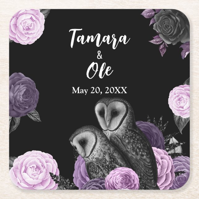 Posavasos Cuadrado De Papel Gothic Owls Wedding (Anverso)