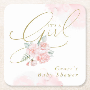 Posavasos Cuadrado De Papel GRACE Elegant Rubor Floral It's a Chica Baby Showe